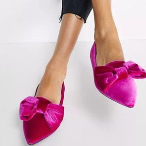ASOS DESIGN Women's Pink Velvet Wide Fit Lake Bow Pointed Ballet Flats Size 11W